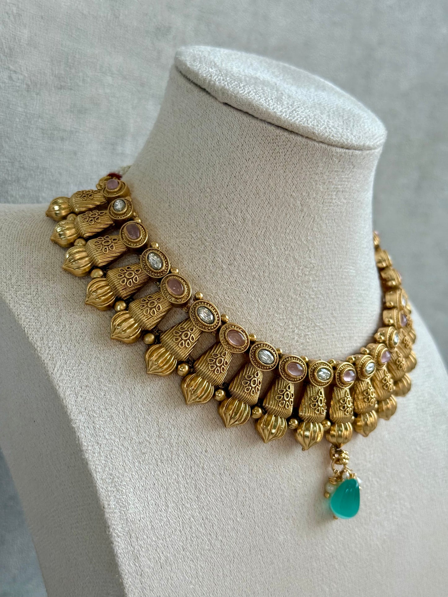 Ayura Designs Aima Necklace Set with Earrings – Antique Gold with Blush Pink & Aqua Green Stones