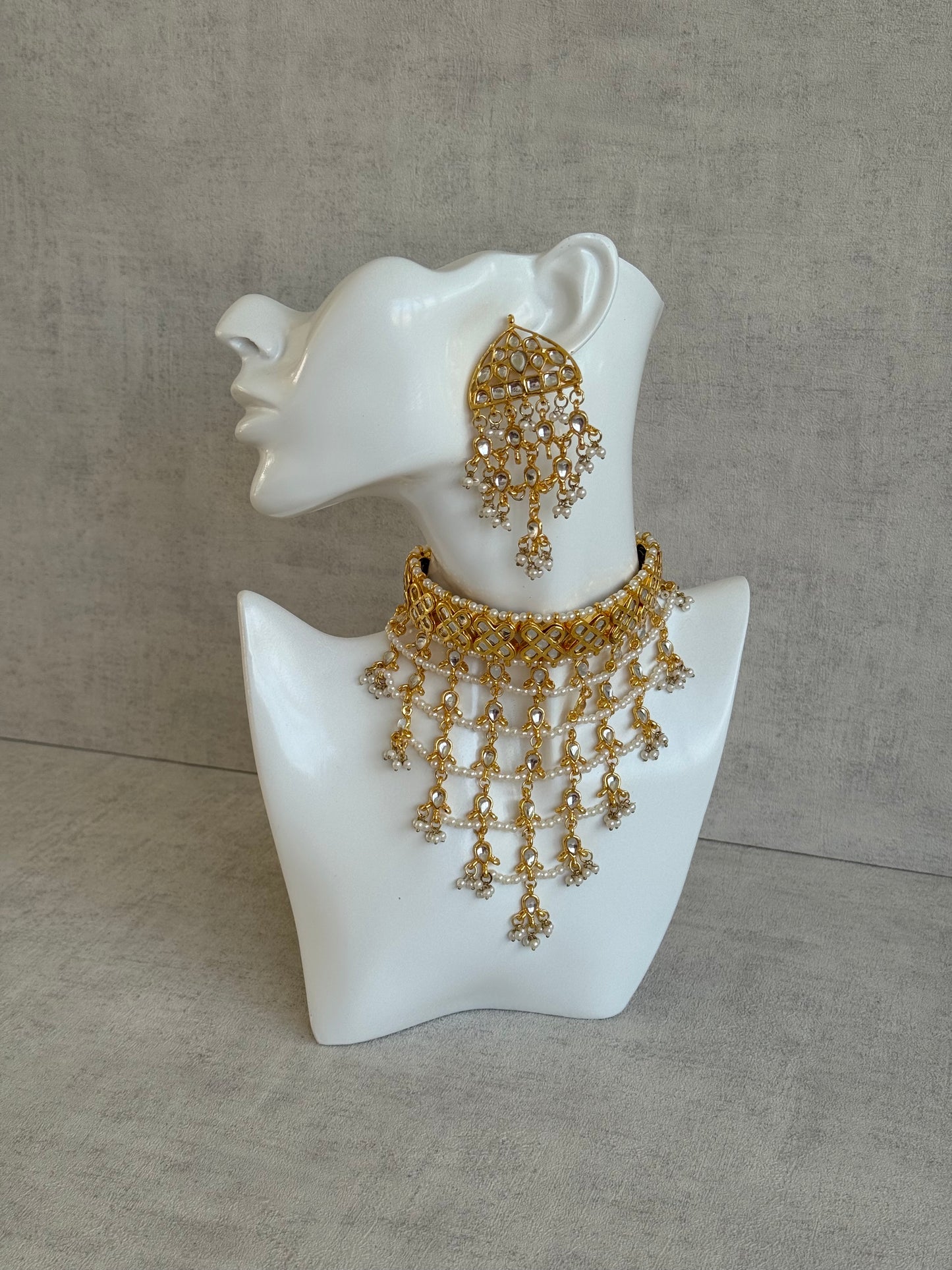 Ayura Designs Basant Set with Choker, Earrings & Tikka – Mirror-Cut Stones, Pearl Fringe & Antique Gold Finish