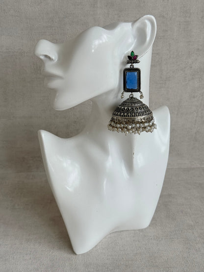 Ayura Designs Zeba Earrings – Oxidised Statement Jhumkis in Ink Blue & Multicolour Stones with Pearl Detailing