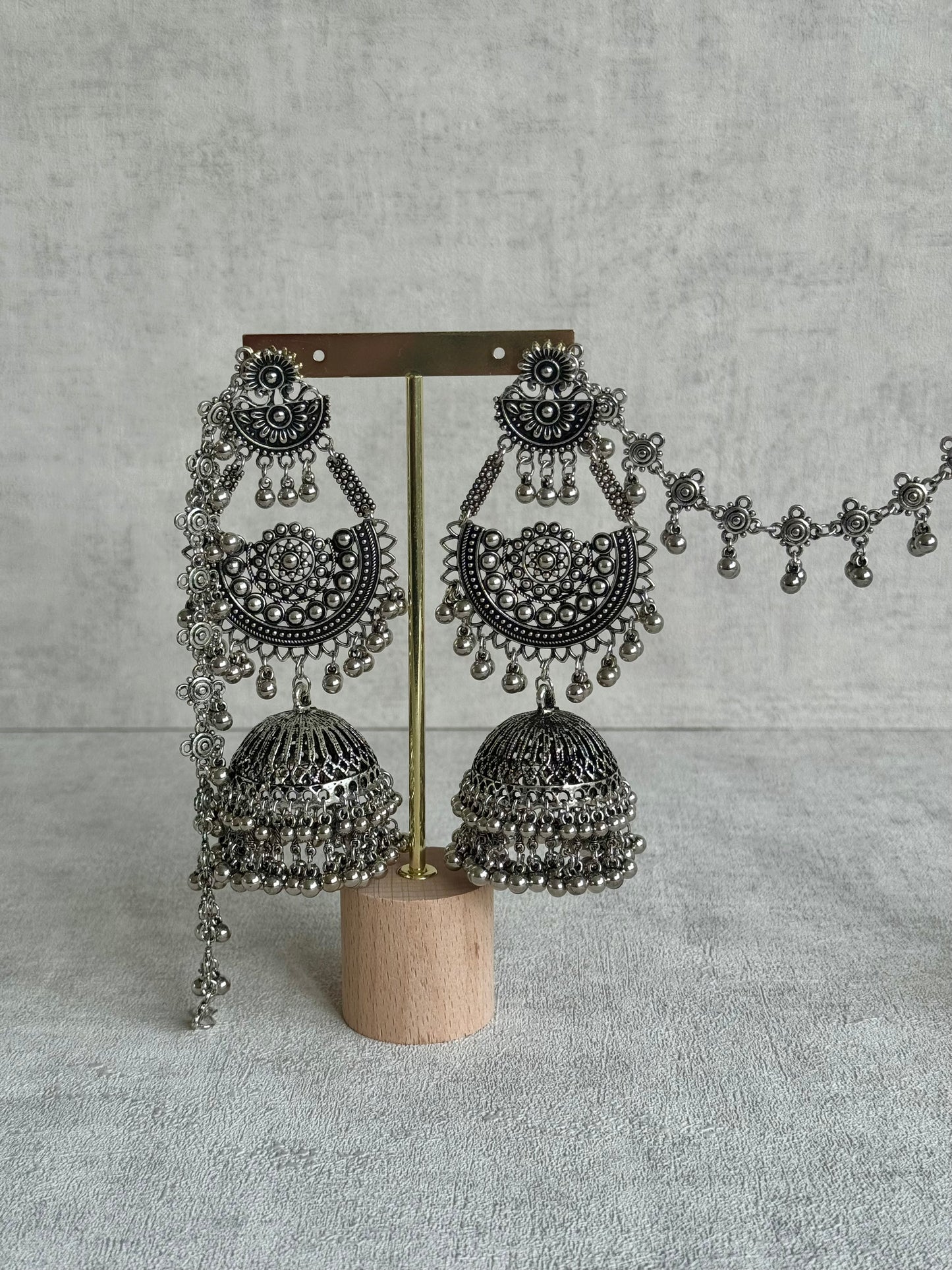 Ayura Designs Jhoomar Jhumkis – Oxidised Silver Earrings with Tribal Motifs, Ghungroos & Sahare