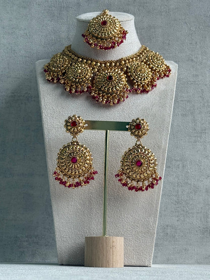 Ayura Designs Rummy Set – Statement Necklace, Earrings & Tikka with Rani Pink Beads and Polished Gold Finish