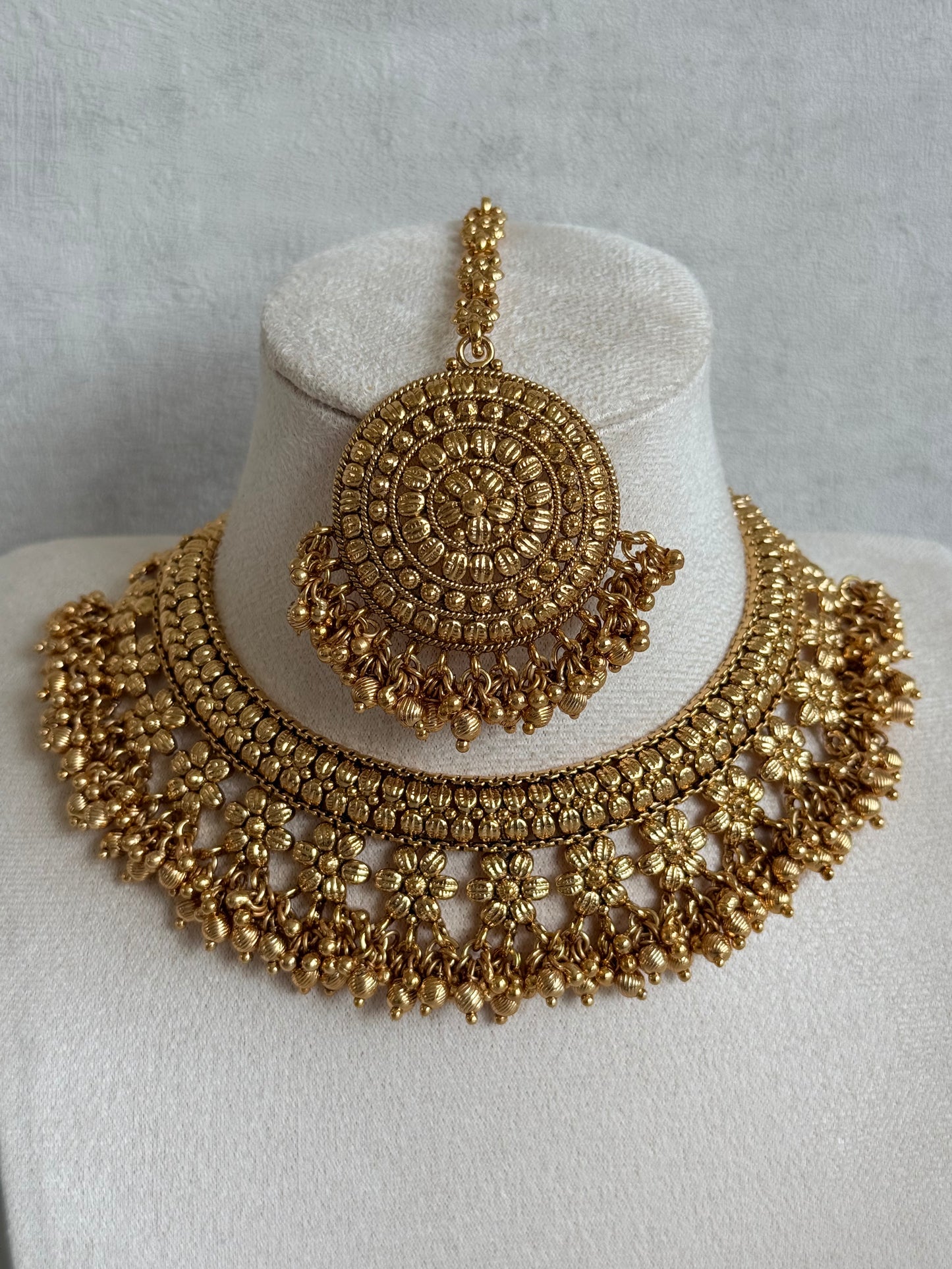 Ayura Designs Darya Necklace Set with Earrings & Tikka – Floral Antique Gold Statement Set with Ghungroo Detailing