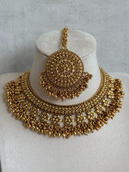 Ayura Designs Darya Necklace Set with Earrings & Tikka – Floral Antique Gold Statement Set with Ghungroo Detailing