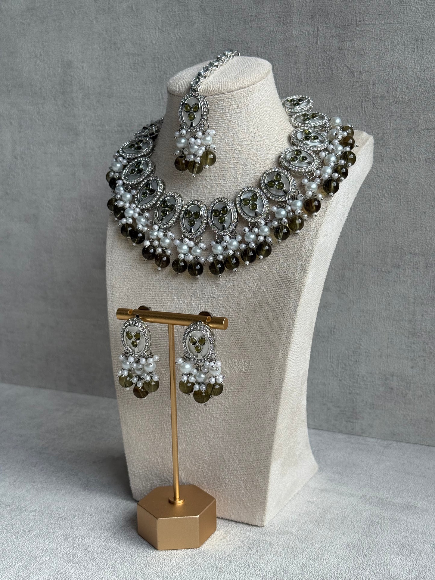 Ayura Designs Linza Set – Necklace, Earrings & Tikka in Olive Green & Pearl with Silver Finish