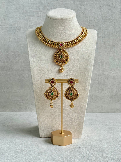 Ayura Designs Ayma Necklace Set with Earrings – Antique Gold Finish with Ruby Pink, Emerald Green & Crystal Detailing
