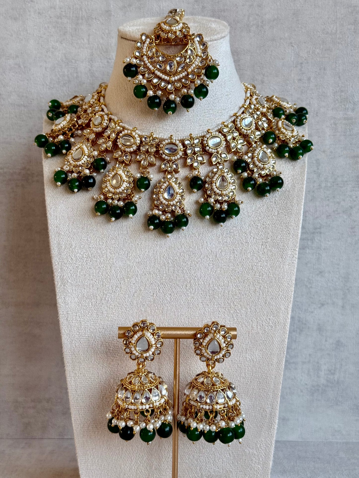Ayura Designs Iyla Set with Necklace, Earrings & Tikka – Kundan Detailing, Ivory Pearl Drops & Emerald Beads