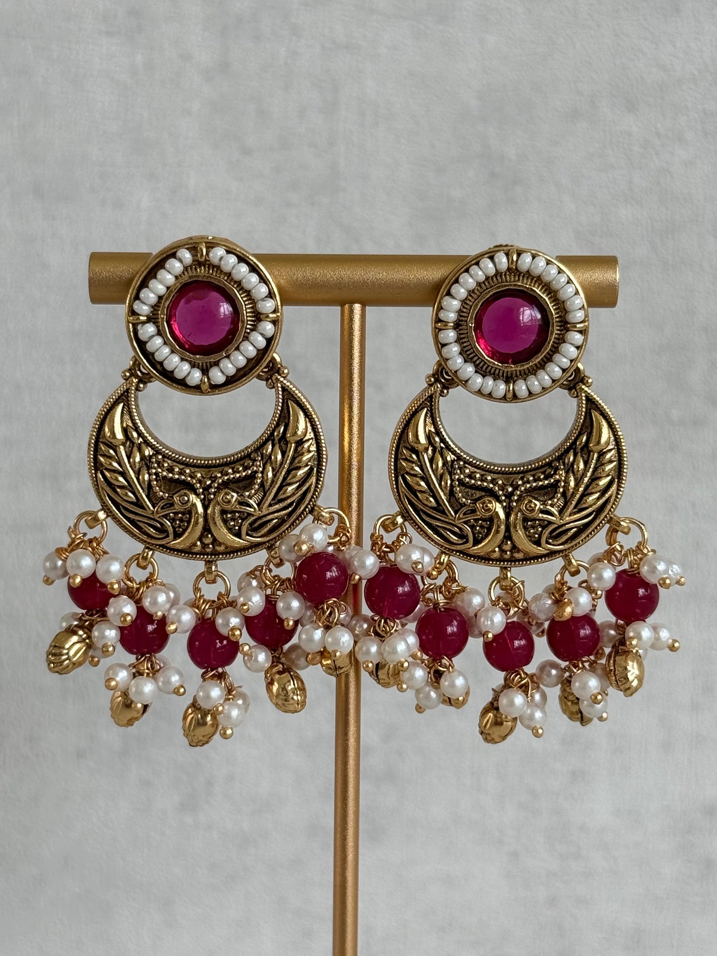 Ayura Designs Mehr Choker Set with Earrings & Tikka – Ruby Pink Stones, Ruby Pink Beads, Pearl Strands & Antique Gold Finish