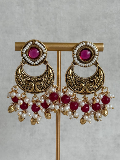 Ayura Designs Mehr Choker Set with Earrings & Tikka – Ruby Pink Stones, Ruby Pink Beads, Pearl Strands & Antique Gold Finish