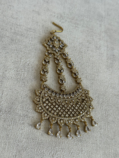 Ayura Designs Aya Jhoomar Passa – Mirror-Cut Stones with Antique Gold Detailing & Floral Motifs