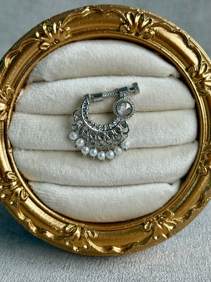 Ayura Designs Jalwa Nose Ring – Silver Finish with Mirror-Cut Stone & Pearl Fringe
