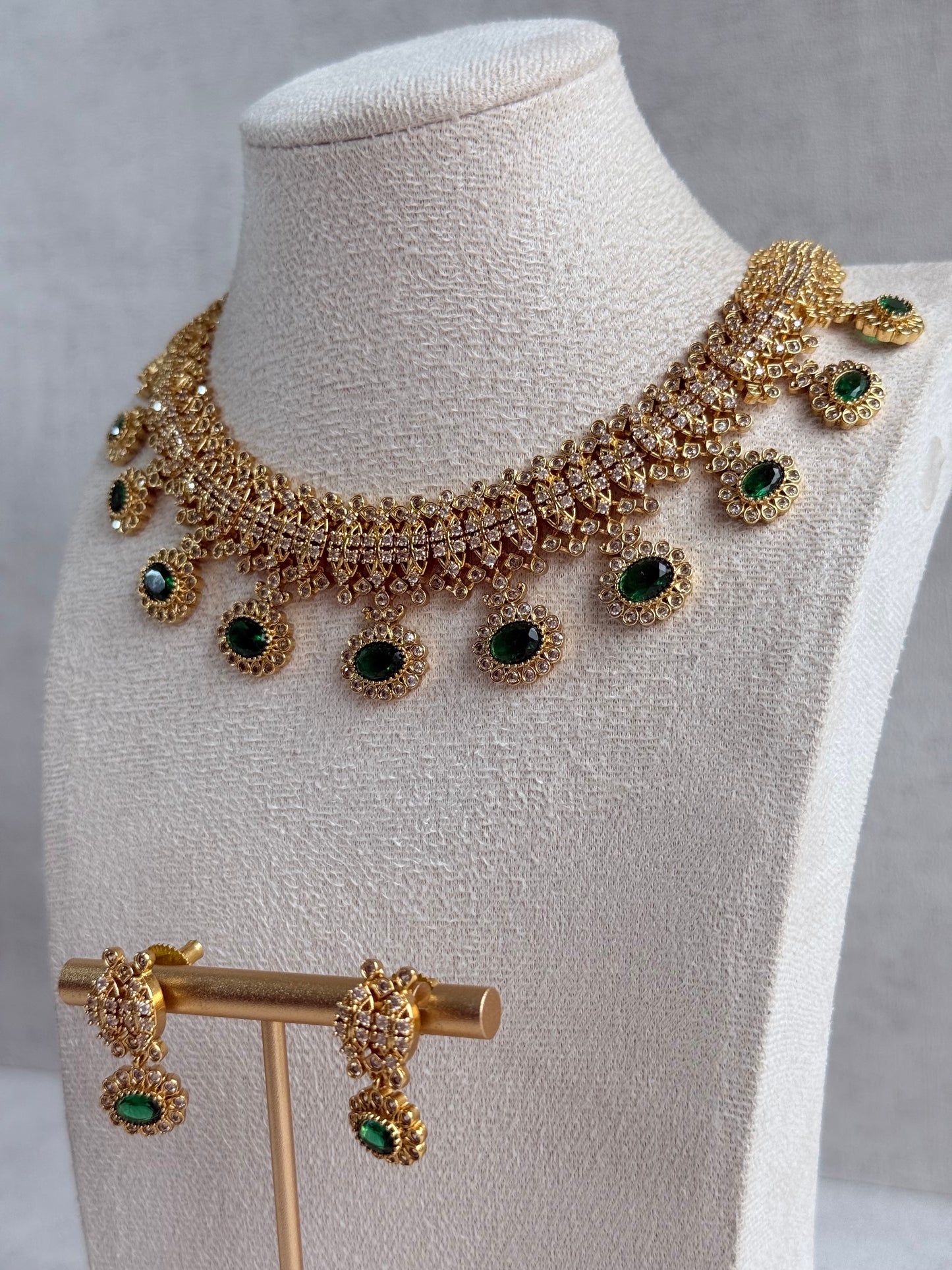 Ayura Designs Elisha Necklace Set with Earrings – Emerald Green & Crystal Stone Detailing