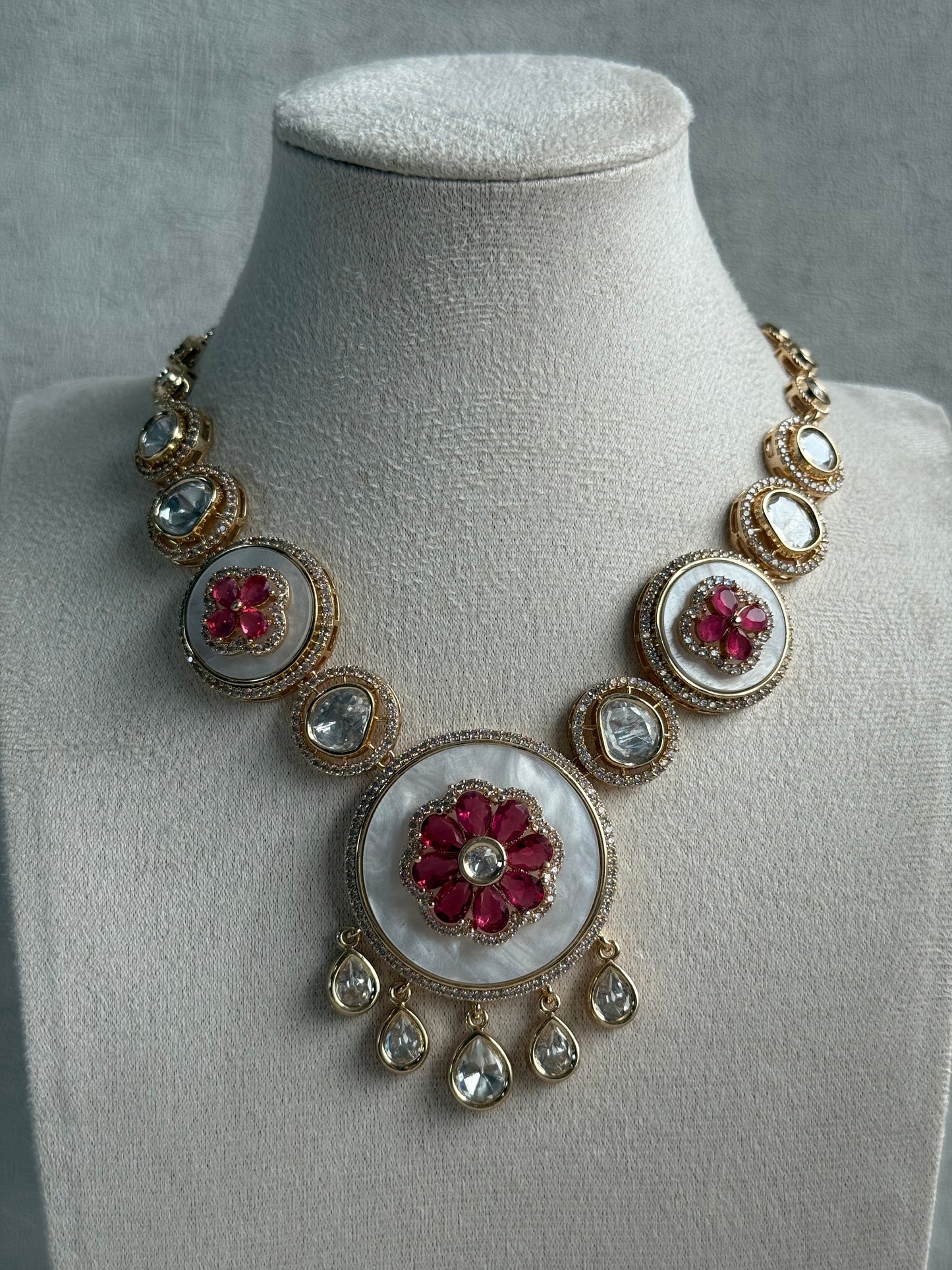 Ayura Designs Wisah Set – Necklace & Earrings with Mother of Pearl, Ruby Pink Stones & Mirror-Cut Detailing