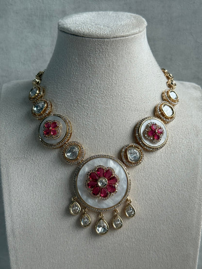 Ayura Designs Wisah Set – Necklace & Earrings with Mother of Pearl, Ruby Pink Stones & Mirror-Cut Detailing