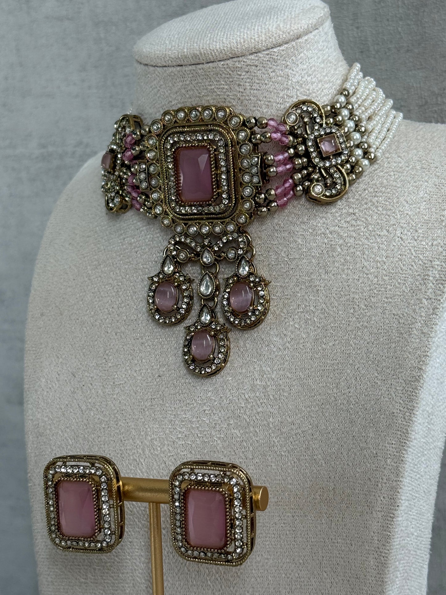 Ayura Designs Nabiha Choker Set with Studs – Blush Pink Stones, Pearl Detailing & Antique Gold Finish