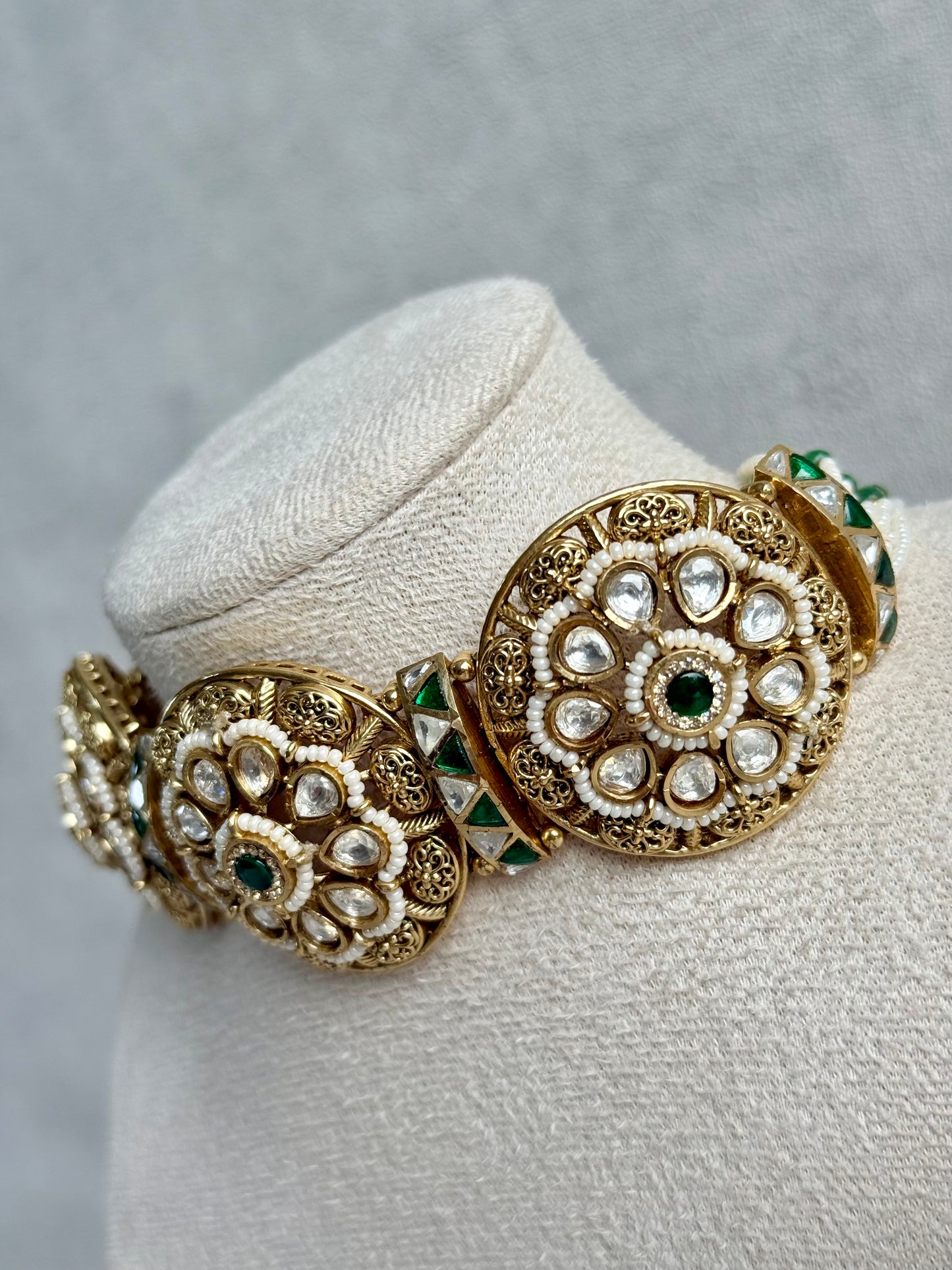 Ayura Designs Tanu Choker Set – Antique Gold Choker & Jhumkis with Ruby & Emerald Kundan and Pearl Borders