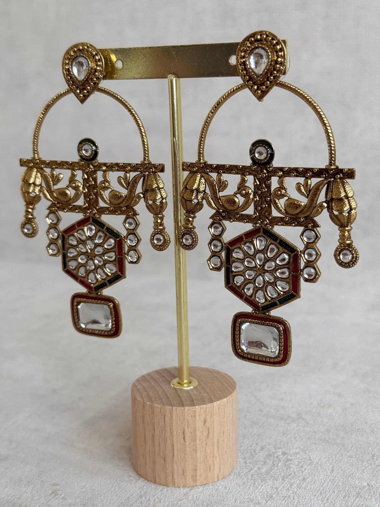 Ayura Designs Irene Earrings – Green & Pink Kundan, Meenakari & Crystal Peacock Chandeliers in Gold