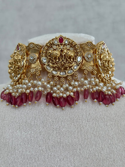 Ayura Designs Tanu Choker Set with Earrings & Tikka – A Golden Harmony of Pearls, Ruby Red Accents & Intricate Gold Detailing