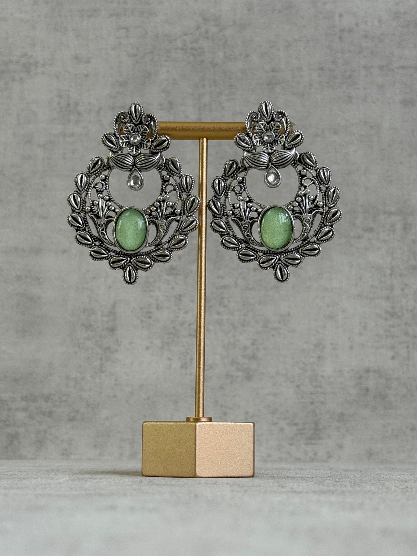 Ayura Designs Eila Earrings with Pistachio Green Stone in Antique Silver Finish