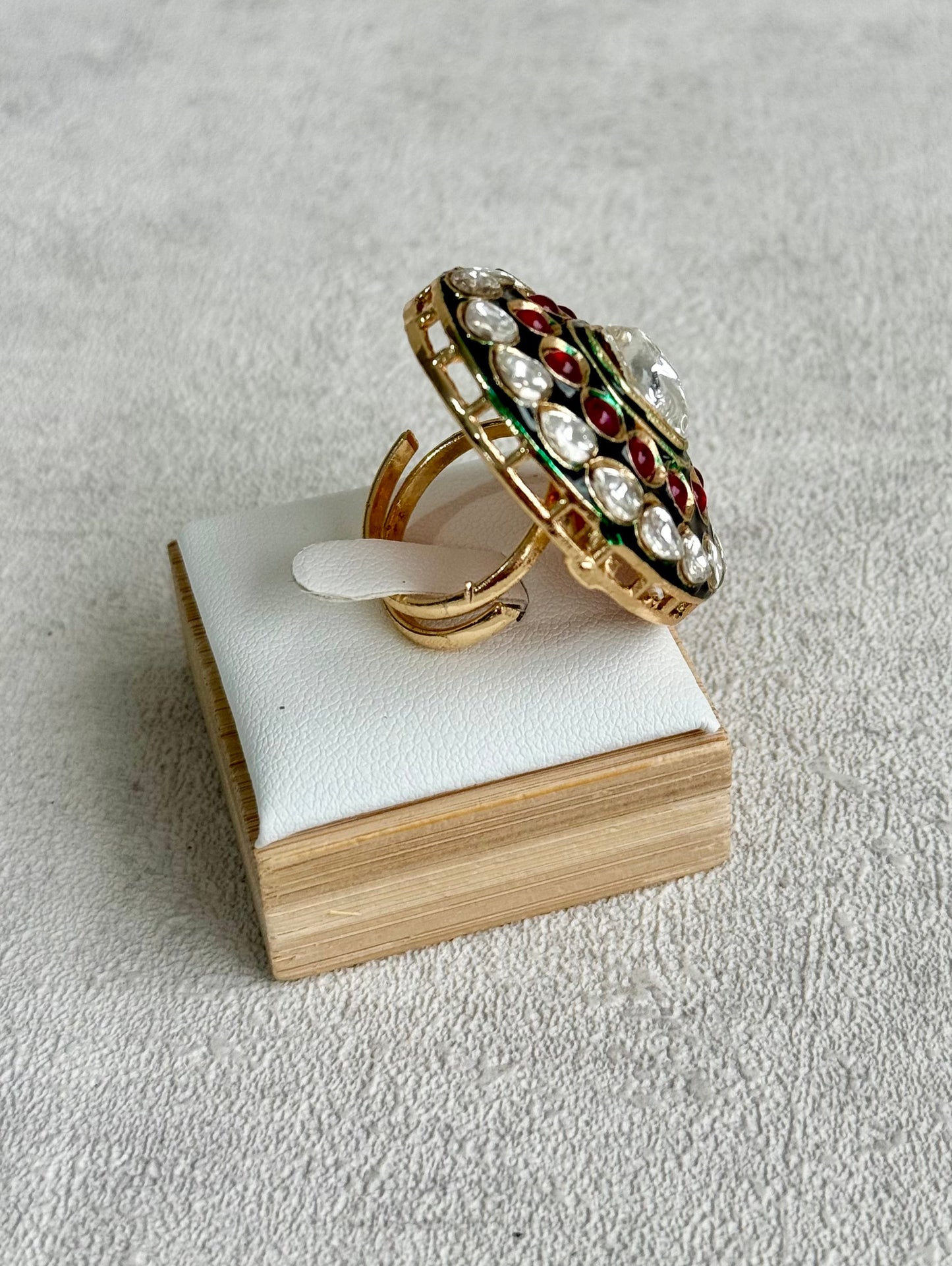 Ayura Designs Lara Adjustable Ring – Mirror-Cut Statement Ring with Ruby Pink Stones & Green Enamel Detailing