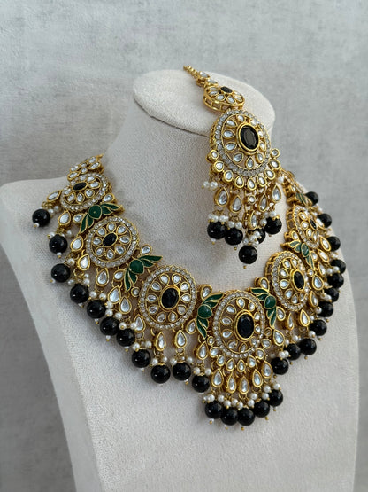 Ayura Designs Zara Set with Necklace, Earrings, Tikka & Passa – Antique Gold with Kundan Detailing & Black Beads