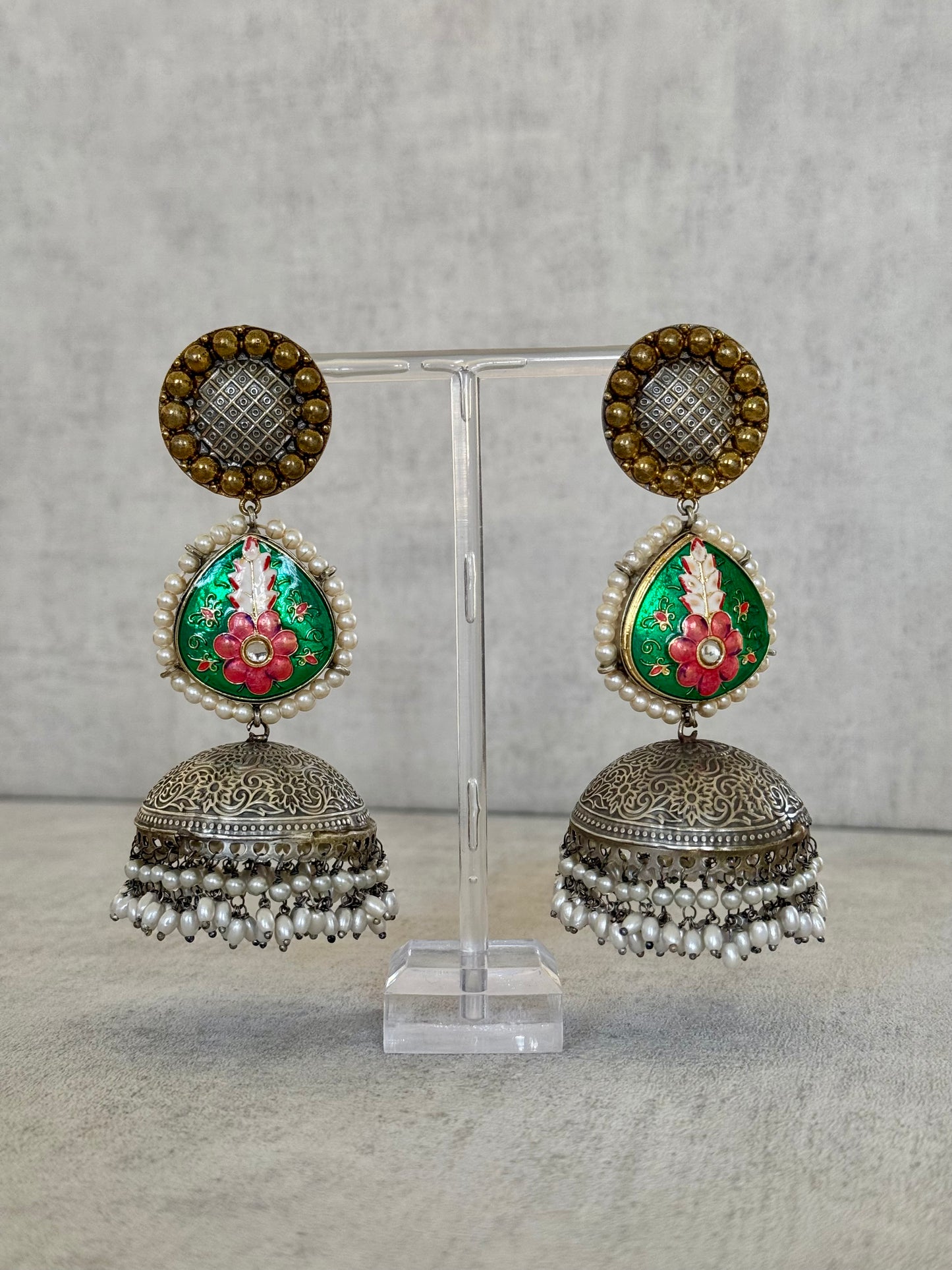 Ayura Designs Mirha Earrings – Handcrafted Meenakari & Pearl Jhumkas with Intricate Silver Filigree Detailing