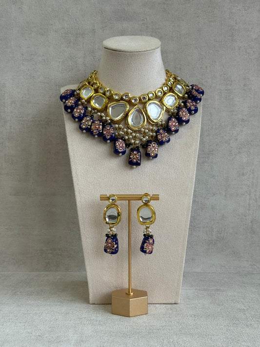 Ayura Designs Omika Set With Necklace And Earrings – Kundan Stones And Navy Blue Meenakari Drops