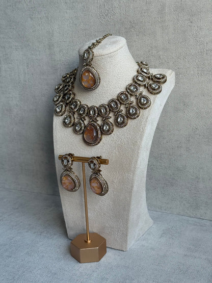 Ayura Designs Aurora Set with Earrings & Tikka – Peach & Ivory Stone with Mirror-Cut Accents in Antique Gold Finish