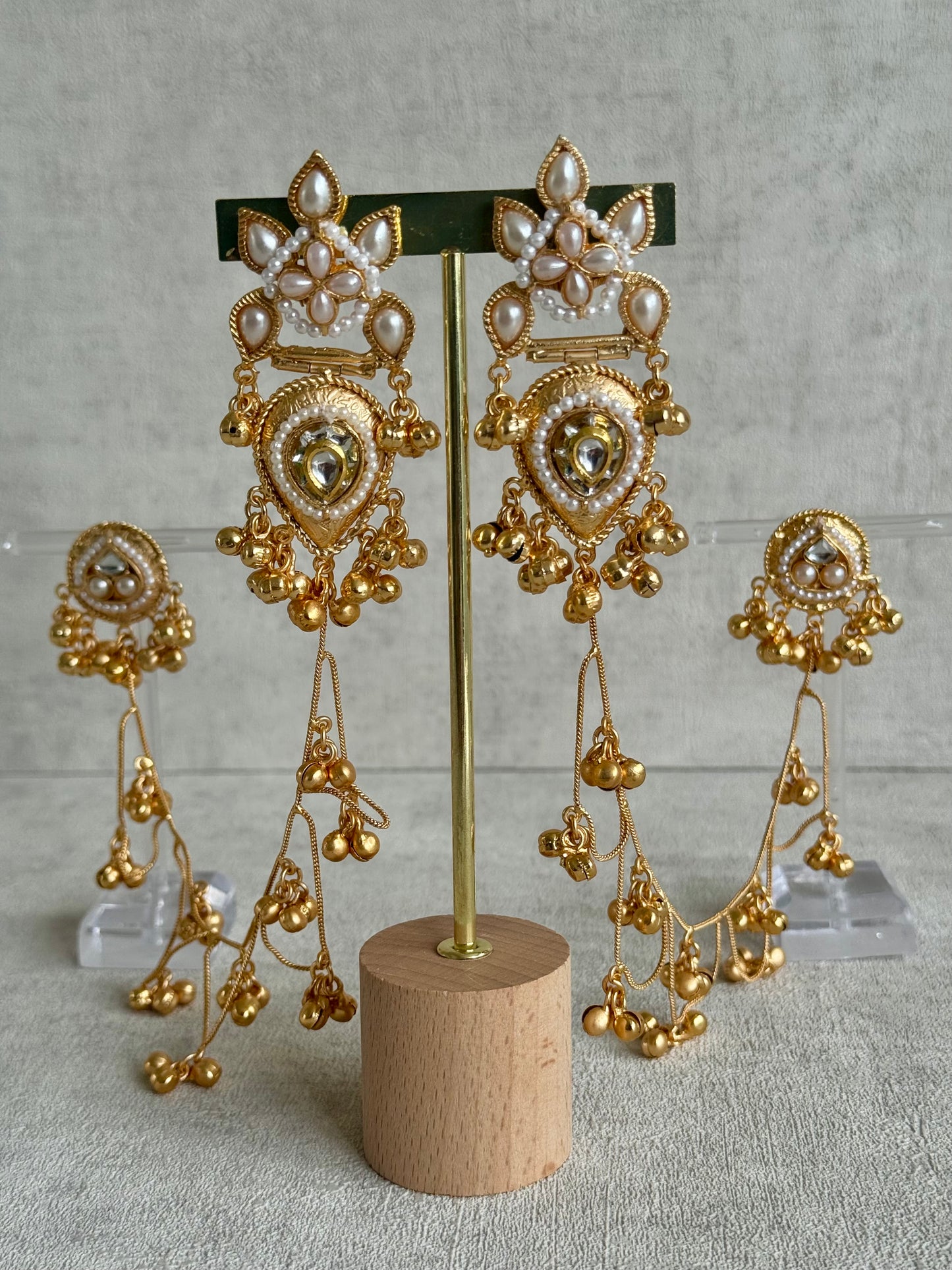 Ayura Designs Somya Earrings with Sahare – Antique Gold, Kundan, Pearls & Ghungroos
