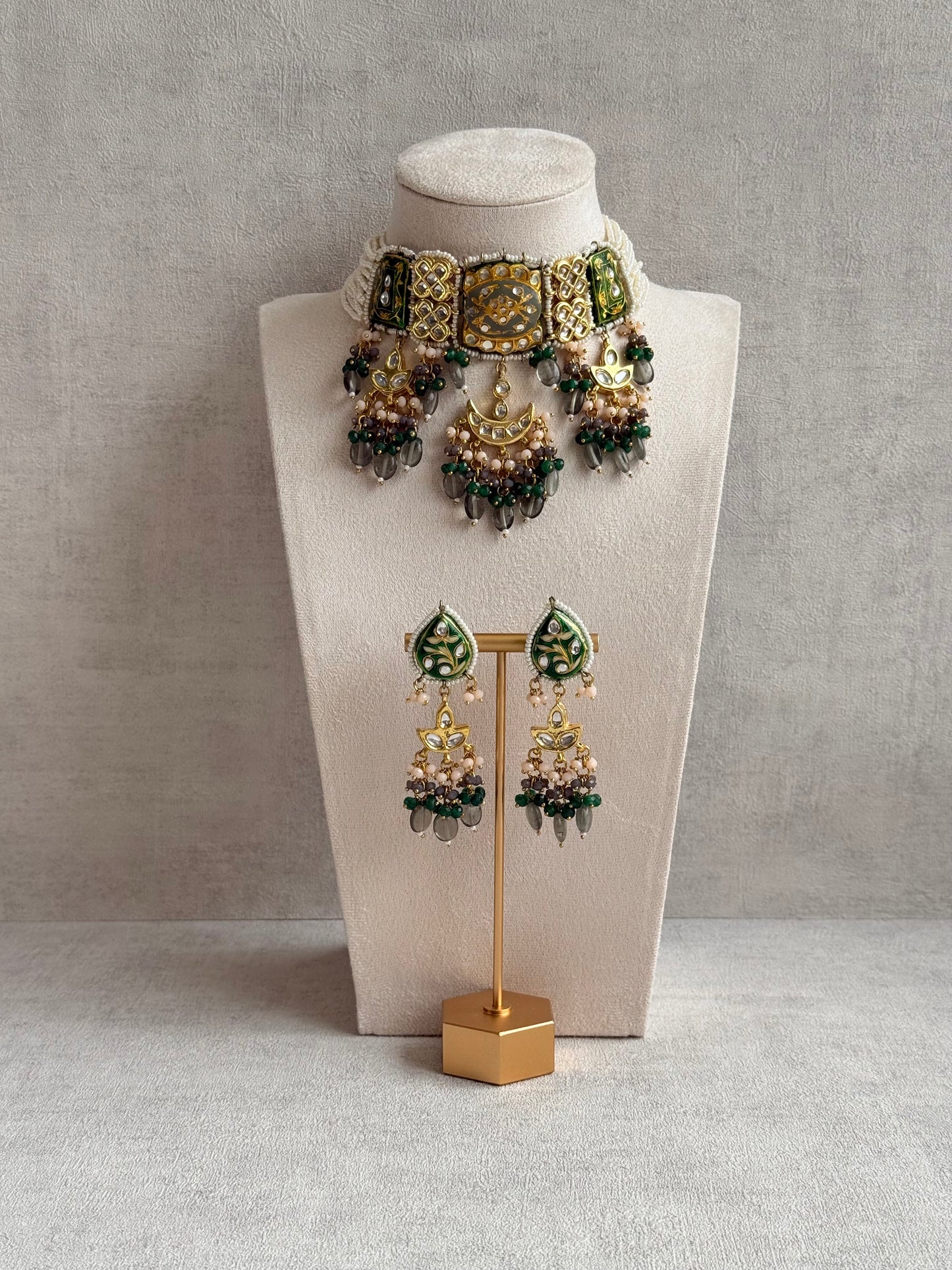 Ayura Designs Rehma Meenakari Kundan Choker Set with Earrings – Emerald Green & Pearl Bead Detailing