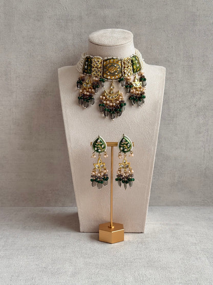Ayura Designs Rehma Meenakari Kundan Choker Set with Earrings – Emerald Green & Pearl Bead Detailing