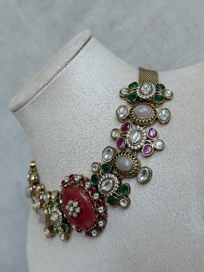 Ayura Designs Nova Necklace Set with Stud Earrings – Rose Pink Centre Stone, Kundan Detailing & Multicolour Gemstone Accents