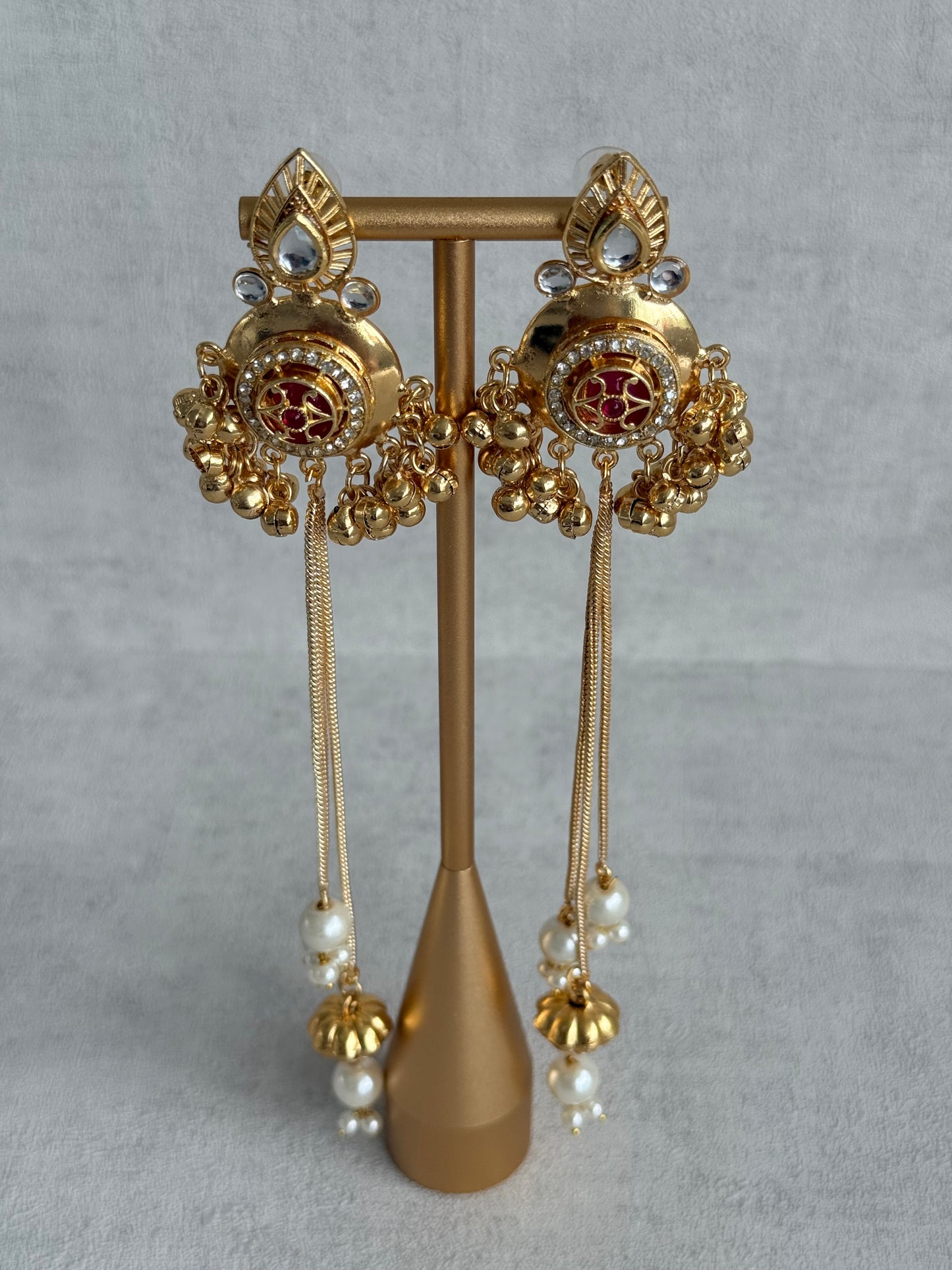 Ayura Designs Kashveen Earrings – Ruby Red Kundan Stones with Pearl Chain Drops & Ghungroo Detailing
