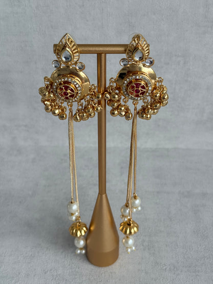 Ayura Designs Kashveen Earrings – Ruby Red Kundan Stones with Pearl Chain Drops & Ghungroo Detailing