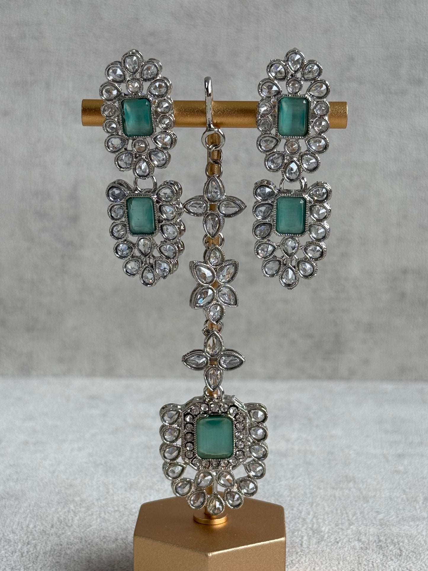 Ayura Designs Zinnia Set – Necklace, Earrings & Tikka with Mint Green Stones and Mirror-Cut Polki in Silver Finish
