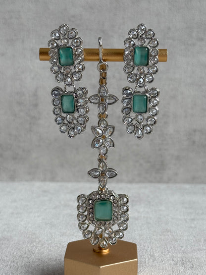 Ayura Designs Zinnia Set – Necklace, Earrings & Tikka with Mint Green Stones and Mirror-Cut Polki in Silver Finish