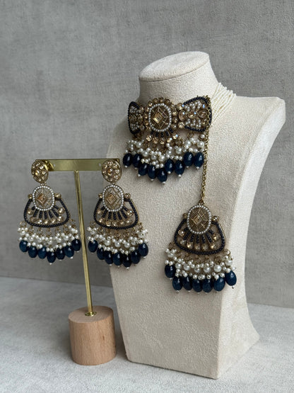 Ayura Designs Qudsia Set with Necklace, Earrings & Tikka – Navy Blue Stones, Kundan Detailing & Antique Gold Finish