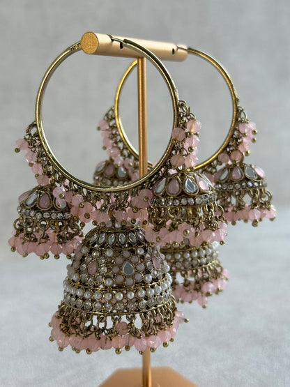 Ayura Designs Jindri Balis – Blush Pink & Antique Gold Triple Jhumki Earrings with Mirror-Cut Stones & Pearl Detailing