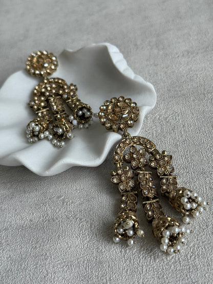 Ayura Designs Soraya Earrings – Champagne Stones, Mirror-Cut Crystals, Pearl Detailing & Gold Finish