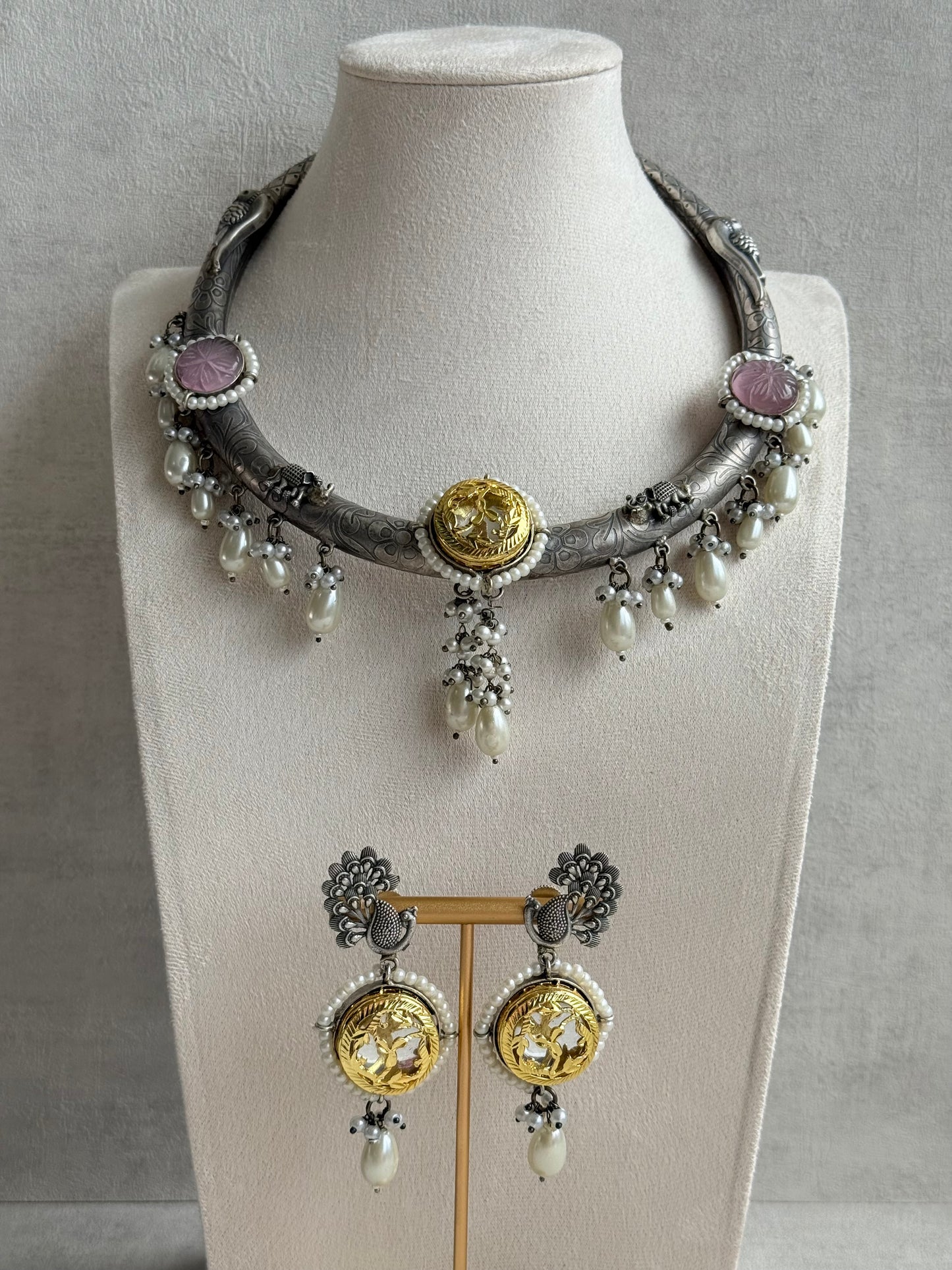 Ayura Designs Zareen Torque Necklace Set with Earrings – Dual Tone Oxidised Collar Necklace with Coin Detailing, Pearl Drops & Peacock Motifs