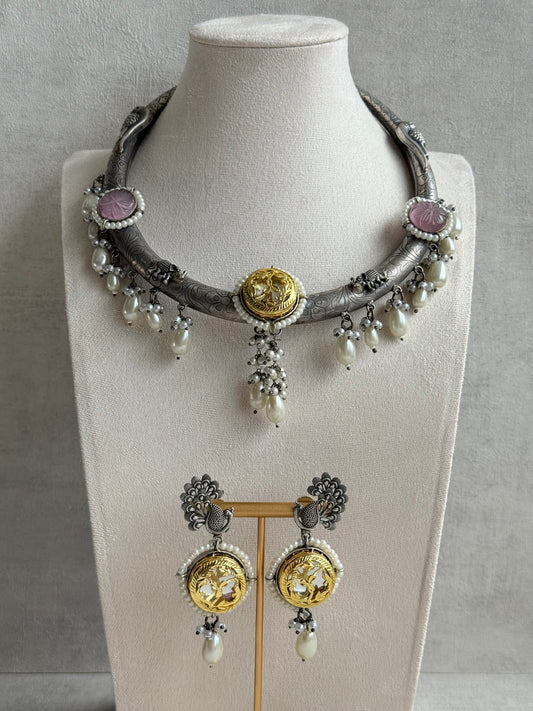 Ayura Designs Zareen Torque Necklace Set with Earrings – Dual Tone Oxidised Collar Necklace with Coin Detailing, Pearl Drops & Peacock Motifs