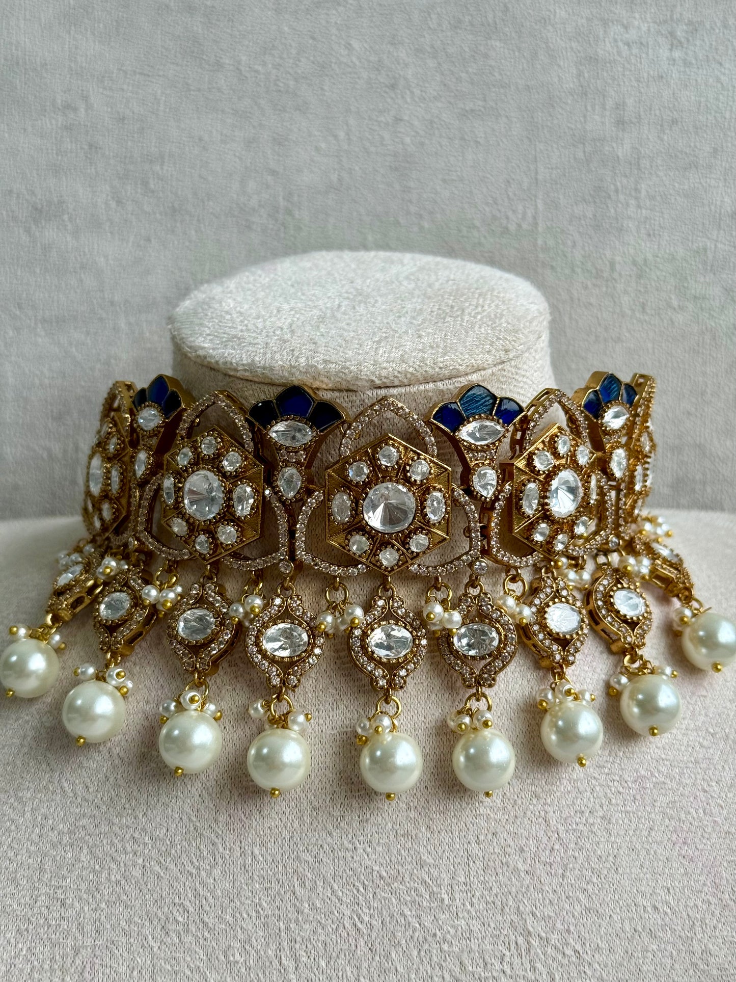 Ayura Designs Serina Choker Set with Earrings – Midnight Blue Enamel, Mirror-Cut Stones & Pearl Drops
