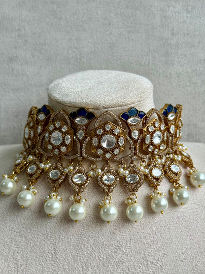 Ayura Designs Serina Choker Set with Earrings – Midnight Blue Enamel, Mirror-Cut Stones & Pearl Drops