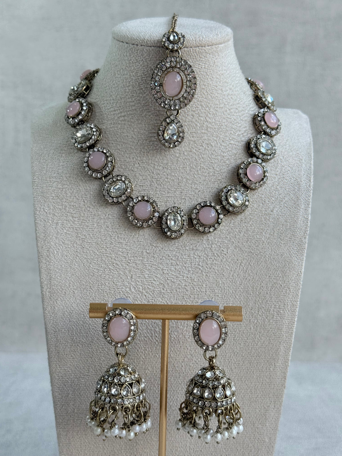 Ayura Designs Eira Necklace Set with Earrings & Tikka – Blush Pink & Crystal Stones with Antique Gold Finish