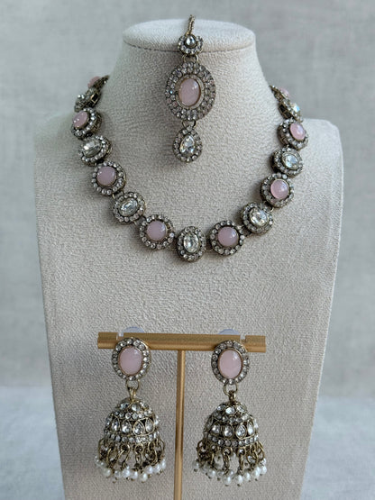 Ayura Designs Eira Necklace Set with Earrings & Tikka – Blush Pink & Crystal Stones with Antique Gold Finish