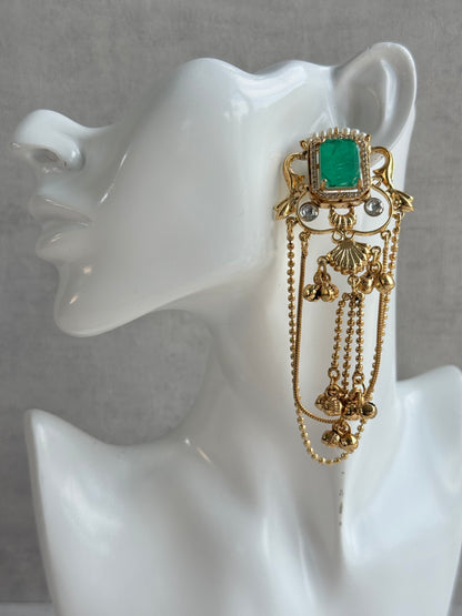 Ayura Designs Jaid Earrings – Jade Green Floral Motif with Layered Chains & Ghungroos