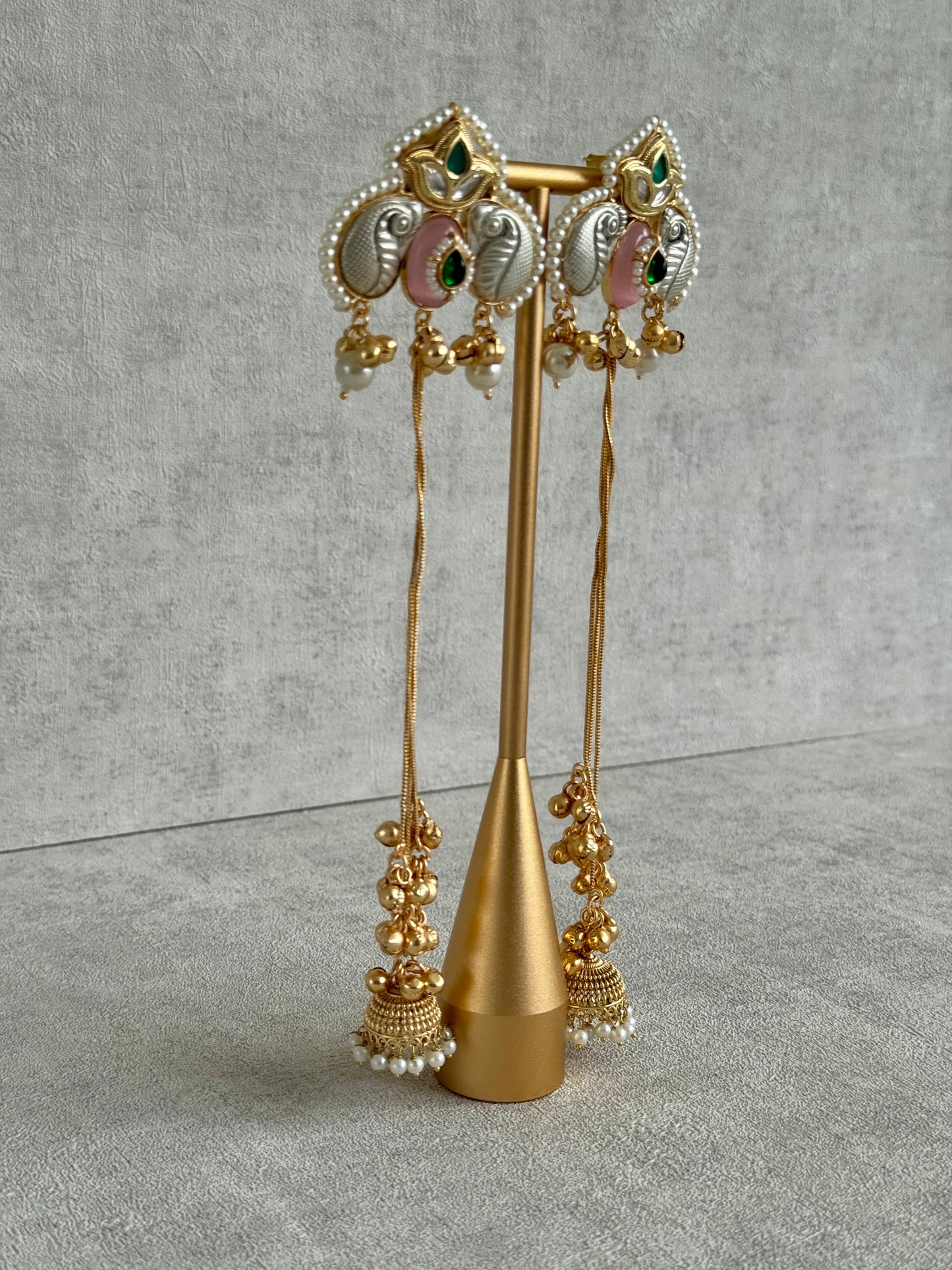 Ayura Designs Sozni Kashmiri Earrings – Meenakari with Blush Pink & Emerald Detailing