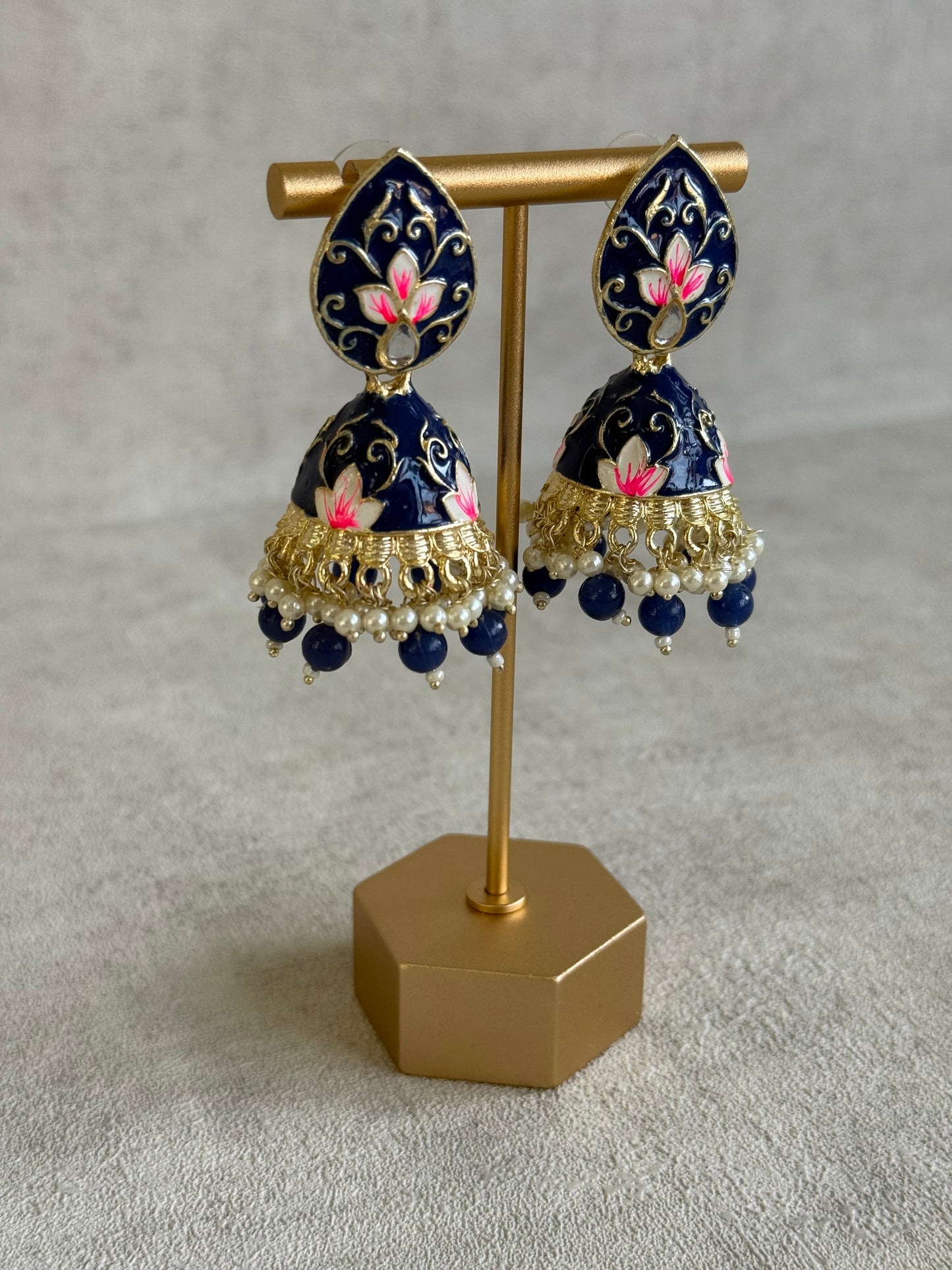 Ayura Designs Gia Jhumkis – Midnight Blue Meenakari with Pink Lotus Motifs & Ivory Pearl Drops