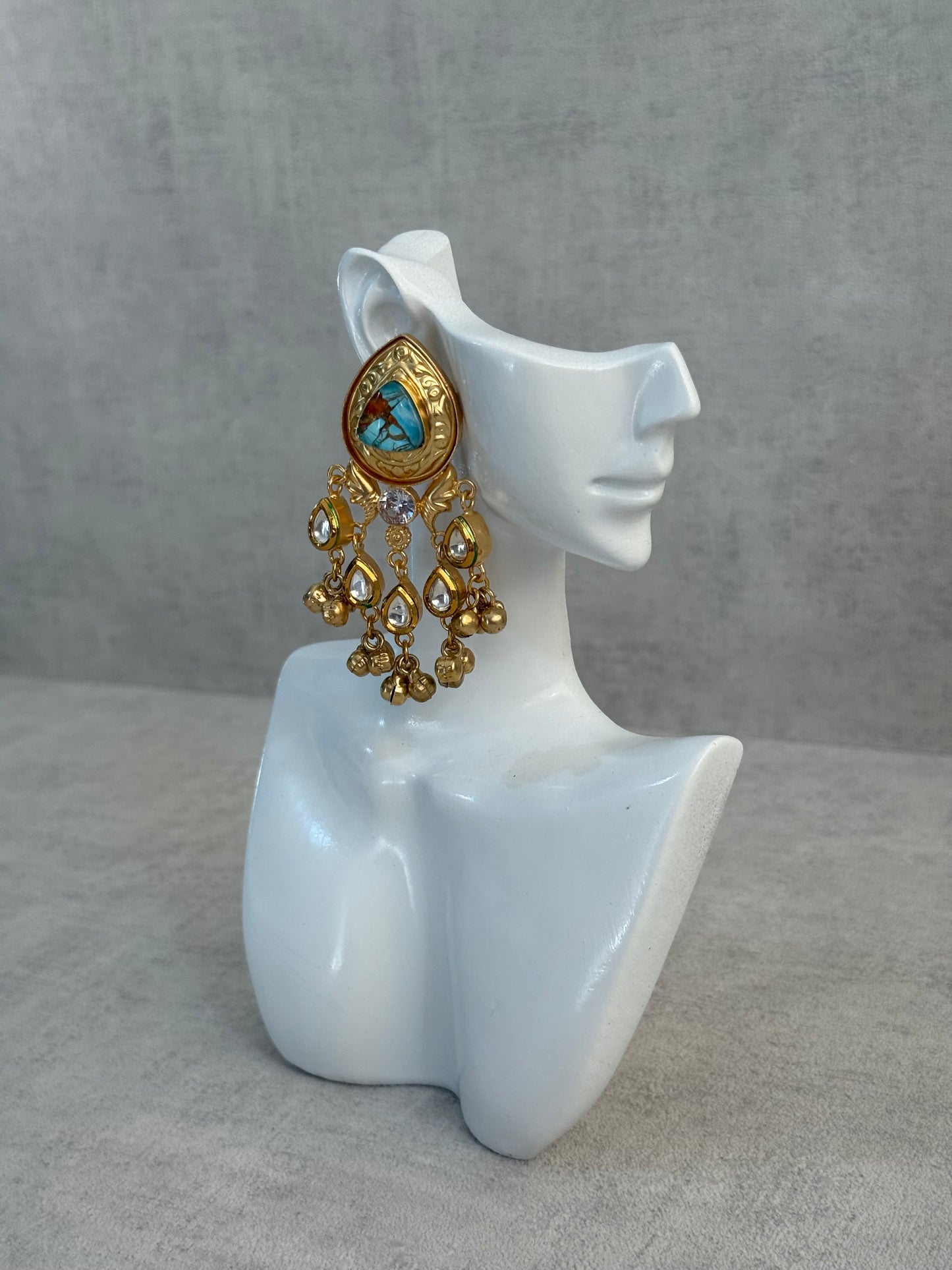 Ayura Designs Arheer Earrings – Turquoise Marble with Kundan Detailing & Antique Gold Ghungroos