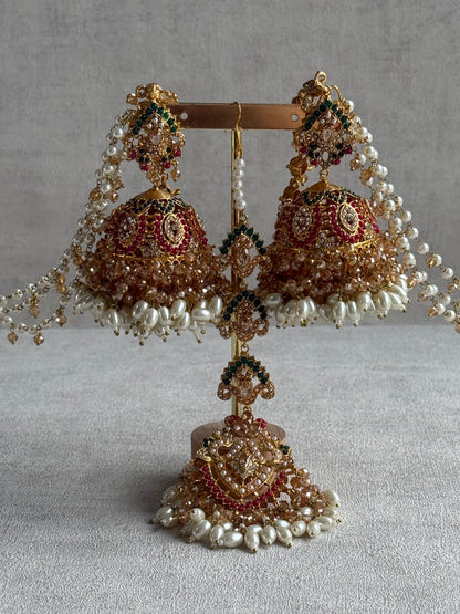Ayura Designs Safia Tikka Set with Sahare Earrings – Champagne Crystals with Ruby & Emerald