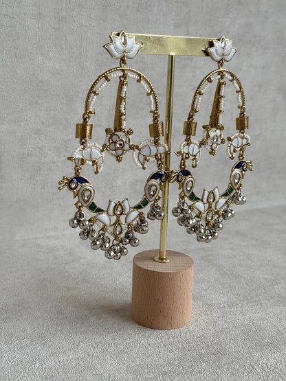 Ayura Designs Zoonpari Earrings – Ivory Pearl, Blue & Green Meenakari Peacock Chandeliers in Dual Tone with Ghungroos